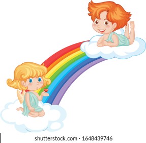 Cute fairies on rainbow on white background illustration