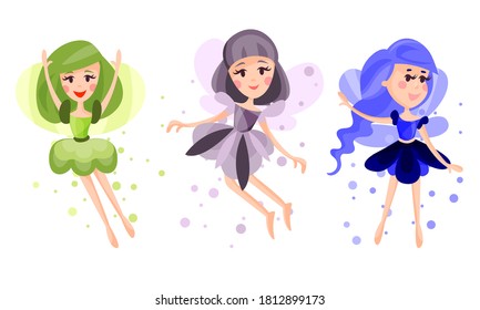 Cute Fairies or Pixies in Pretty Dresses Flying Vector Illustration Set