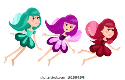 Cute Fairies or Pixies in Pretty Dresses Flying Vector Illustration Set