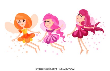 Cute Fairies or Pixies in Pretty Dresses Flying Vector Illustration Set
