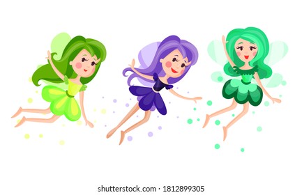 Cute Fairies or Pixies in Pretty Dresses Flying Vector Illustration Set