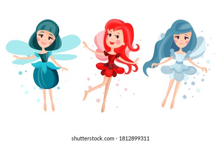 Cute Fairies or Pixies in Pretty Dresses Flying Vector Illustration Set