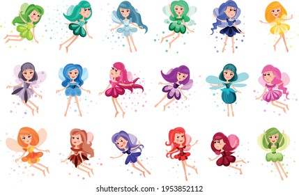 Cute Fairies or Pixies in Pretty Dresses Flying Vector Illustration Set