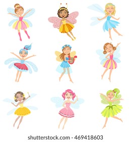 Cute Fairies In Pretty Dresses Girly Cartoon Characters Set