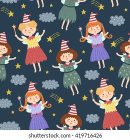 Cute fairies seamless pattern. Vector magic background in childish style great for fabric and textile, wallpapers, cards and banners design