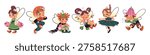 Cute fairies set. Happy forest elves with wings, mushrooms and flowers. Kids fairytales characters of nature. Flying magic boys and girls. Flat isolated hand drawn vector illustrations on white