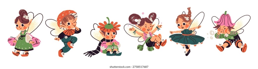 Cute fairies set. Happy forest elves with wings, mushrooms and flowers. Kids fairytales characters of nature. Flying magic boys and girls. Flat isolated hand drawn vector illustrations on white