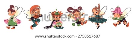 Cute fairies set. Happy forest elves with wings, mushrooms and flowers. Kids fairytales characters of nature. Flying magic boys and girls. Flat isolated hand drawn vector illustrations on white
