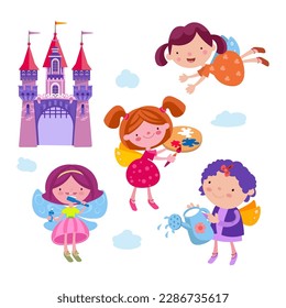 Cute fairies with wings and castle with towers. Isolated funny characters, set, collection on white background. Vector illustration for design.