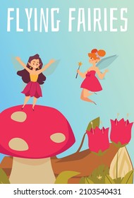 Cute fairies with wings and pointed elves ears flying in the forest, poster template cartoon flat illustration. Childish characters of magical pixies in fantasy world with mushroom, flower and stump.