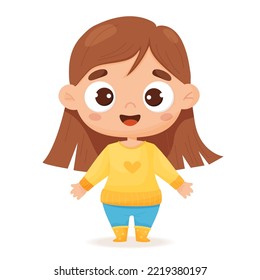 Cute fair-skinned girl with long hair. Vector illustration. Children character in cartoon style for card design, decor, print and kids collection