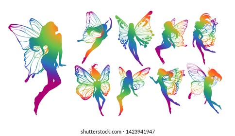 Cute Fairy art. Beautiful Fairies silhouette collection, Little fairies set. Hand drawn vector illustration