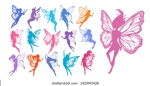 Cute Fairy art. Beautiful Fairies silhouette collection, Little fairies set. Hand drawn vector illustration