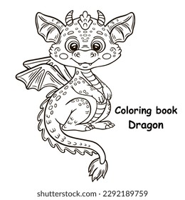 Cute fairy baby dragon reptile, funny magical fantasy flying fire lizard monster line icon. Mythical animal character with wing. Chinese zodiac sign. Coloring book page. Children education game vector