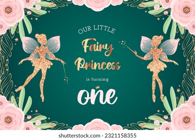 Cute fairy backdrop for a first birthday party. Beautiful poster with a golden pixie silhouettes and a floral frame on a teal background. Vector illustration 10 EPS.