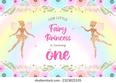 Cute fairy backdrop for a first birthday party. Beautiful background with a little pixie silhouette, rainbow and a floral frame. Vector illustration 10 EPS.