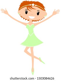 Cute fairy ballet dancer in green dress with short ginger hair and star tiara