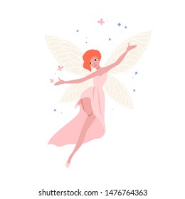 Cute fairy in beautiful gown and with red hair isolated on white background. Folkloric mythological magical creature, legendary or fairytale character. Childish flat cartoon vector illustration.