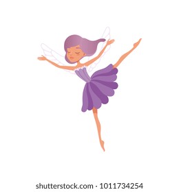 Cute fairy in beautiful purple dress. Little girl with magic wings in flying action. Imaginary fairytale character. Mythical creature. Cartoon flat vector design