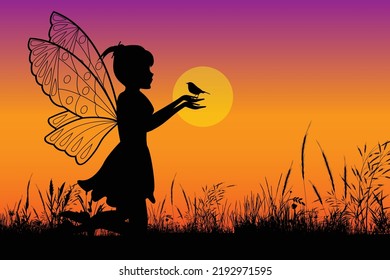 cute fairy and bird silhouette