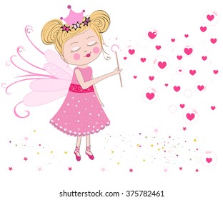 Cute fairy blows soap bubbles. Heart balloon bubbles. Valentine's Day greeting card vector