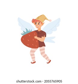 Cute fairy boy flies on wings and holds strawberry, flat vector illustration isolated on white background. Fairytale character for children, cartoon pixie with elf ears.