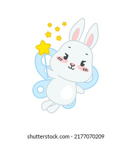 Cute fairy bunny. Flat cartoon illustration of a happy little rabbit with butterfly wings and a magic wand isolated on a white background. Vector 10 EPS.
