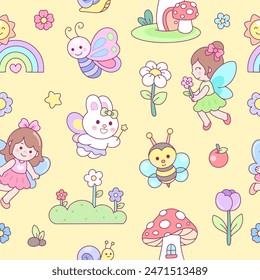 Cute hada , mariposa, abeja, casa de hongos, y flores patrón sin fisuras para papel de envolver ilustración de diseño