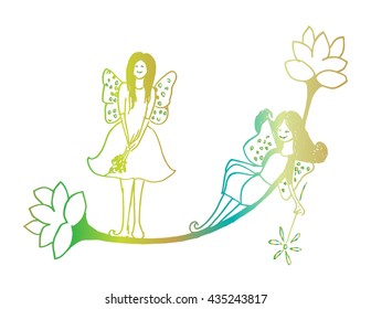 Cute fairy butterfly on flower. Hand drawing illustration