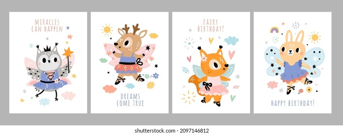 Cuidadas cartas de hadas. Niñas de animales pequeños con alas delicadas y varas mágicas. Princesas forestales. Ballerina búho y conejito. Caricatura bailando flor y ardilla. Cumpleaños del vector