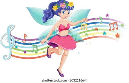 Cute fairy cartoon character with melody rainbow wave illustration