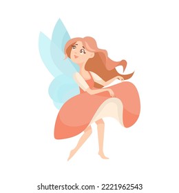 Cute fairy cartoon character in red dress vector illustration. Happy magical or mythical forest creature or elf with wings isolated on white background. Fantasy, fairytale concept
