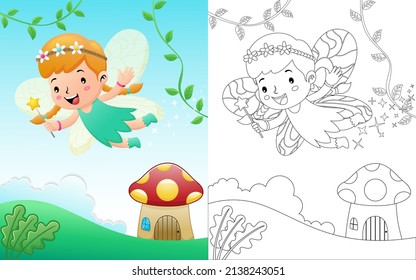 Cute fairy cartoon flying on scene background with mushroom house. Coloring book or page