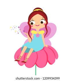 Cute fairy. Cartoon little flying pixie, elf character sitting on flower. Vector illustration