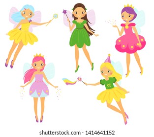 Cute fairy. Cartoon winged fairy princess flapping magic wands. Pixie, garden elf, fantasy girls characters set