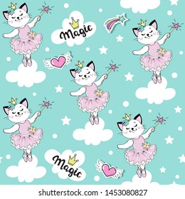 Cute fairy cat ballerina in the clouds on a blue background seamless pattern