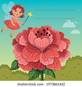 Cute fairy character with a big flower and an empty text area. Vector illustration. Sticker and label for kids.