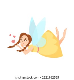 Cute fairy character in yellow dress flying vector illustration. Magical or mythical forest creature or elf with wings sending hearts isolated on white background. Fantasy, fairytale concept