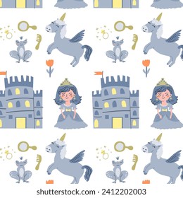 cute fairy characters girl princess and animal seamless pattern . Vector illustration can used for greeting card, childish celebration card, wallpapers. 