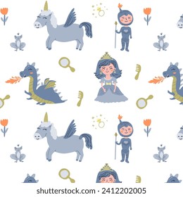 cute fairy characters seamless pattern isolated. Vector illustration of princess, knights, unicorn and dragon. can used for greeting card, childish celebration card, wallpapers. 