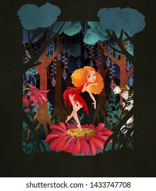 Cute fairy dancing on the flower in front of magic forest. Fairy tale vector illustration.