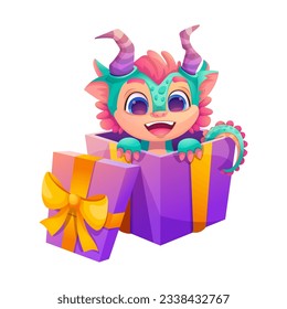 Cute fairy dragon in big gift box, present for New Year with violet and golden colors. For your design, stickers, print on postcard. Vector illustration in cartoon style.