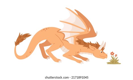 Cute fairy dragon. Fairytale dinosaur smelling flowers. Adorable baby animal, dino. Fantasy magic mythical friendly monster character. Childish flat vector illustration isolated on white background