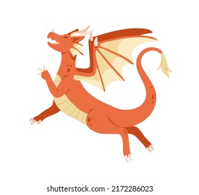 Cute fairy dragon jumping, flying. Happy excited dinosaur, fairytale character. Magic fiction baby dino with wings. Fantasy animal rejoicing. Flat vector illustration isolated on white background