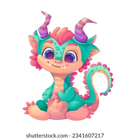 Cute fairy dragon, magic lizard with horns and big tail. Fantasy baby monster in cartoon style. Isolated vector illustration