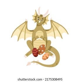 Cute fairy dragon sitting with eggs. Happy fairytale mother character. Fantasy animal. Childish magic fiction dino with wings, horns. Childrens flat vector illustration isolated on white background