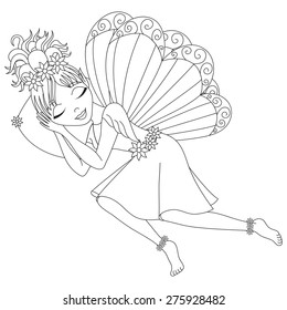 Cute fairy in dress with wings is sleeping on pillow, vector illustration, coloring book page for children