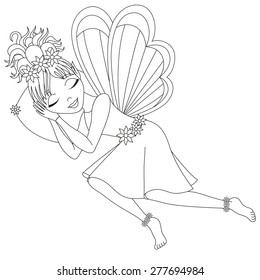 Cute fairy in dress with wings is sleeping on pillow, vector illustration, coloring book page for children