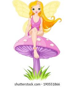 Cute  Fairy Elf Sitting On Mushroom 