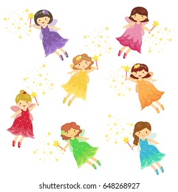 Cute Fairy Fairies Girl Cartoon Set Vector Illustration Purple Red Yellow Green Blue Orange Pink